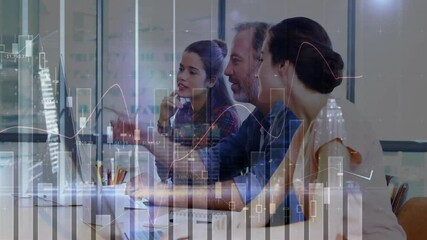 Poster - Team typing, smiling, leaning at desk in office, with animated finance charts overlaying monitor