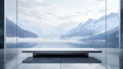 Aufkleber - 白いプラットフォームと鏡張りの壁のある室内から見える雪をかぶった山々と穏やかな湖の静かな冬の風景