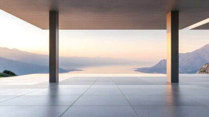 Aufkleber - 湖と山々のパノラマ風景を望むコンクリートの柱があるミニマルな展望台からの夕暮れの眺め