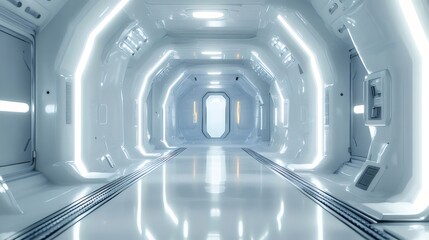 Aufkleber - 明るい白い幾何学的な未来的な廊下スペースステーションの内部のクローズアップ