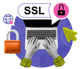 Poster - hands on laptop keyboard surrounded by ssl text, padlocks, globe and cursor in flat collage style on
