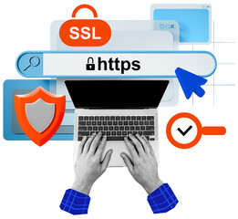 Poster - hands typing on a laptop with ssl, https, shield, and browser icons in a modern collage style on a w