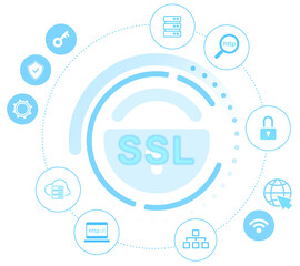 Poster - ssl icon in center with blue tech and security symbols around, minimal flat style on white backgroun