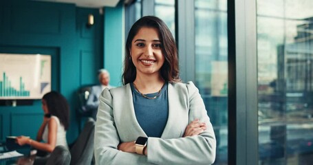 Poster - Arms crossed, confidence or face of woman in office with business for data analysis, risk management or accounting. Growth, development or portrait of businesswoman with smile at financial agency