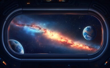 Poster - 宇宙船の窓から見えるカラフルな星雲と惑星のピクセルアート夜景