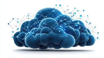 Poster - Abstract digital illustration of a blue cloud with glowing network connections and data points, isolated on white background. Represents data