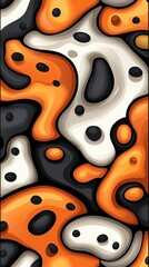 Poster - Abstract illustration featuring a seamless pattern of organic shapes in orange, black, and white. The shapes resemble amoebas or cells, creating a