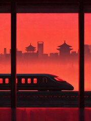 Poster - 赤い空の下の都市景観を走る高速列車 シルエットの街並みと近代的な列車が特徴的な背景デザイン