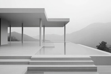 Wall Mural - Modern minimalist home overlooking misty mountains
