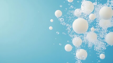 Poster - Abstract blue background with floating white spheres and sparkling bubbles