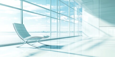 Wall Mural - Modern, minimalist interior with a single chaise lounge and expansive windows