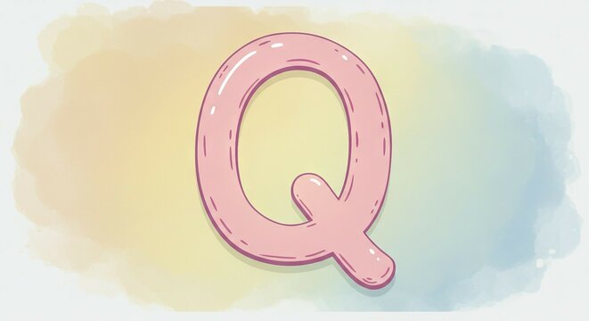 Letter Q Cartoon Illustration on Watercolor Background