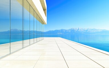 Wall Mural - Modern waterfront patio with panoramic mountain views