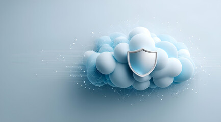 Poster - A stylized cloud symbol featuring a shield, representing digital security and data protection in a modern technological context.