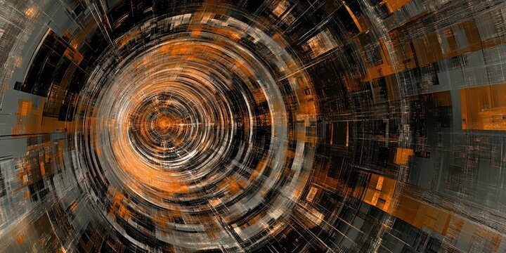 Abstract Digital Tunnel: Orange and Gray Fractal Art Design, Futuristic Technology, Geometric Pattern, Cyberspace Visualization
