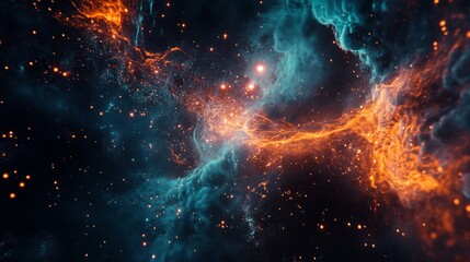 Wall Mural - Abstract cosmic nebula with fiery orange and teal clouds, stars, and glowing light.