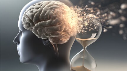 Poster - A close-up of an hourglass with a human brain enclosed within, as grains of sand flow steadily, highlighting the urgency of time running out. This image poignantly illustrates the themes of brain