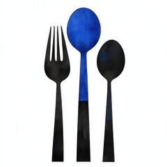 Poster - Watercolor illustration of a fork and two spoons, one blue and one black, on a white background. The handles are black with a unique texture. Simple yet striking visual.