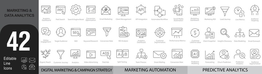 Marketing & Data Analytics – 42 Editable Line Icons for Campaign Strategy, Automation & Insights | Vector Set in AI, EPS, SVG | Designed in Adobe Illustrator