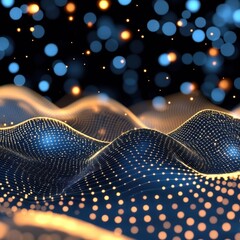 Poster - Abstract dark background with glowing blue and gold particles forming undulating waves. Bokeh lights add depth and sparkle. Ideal for technology