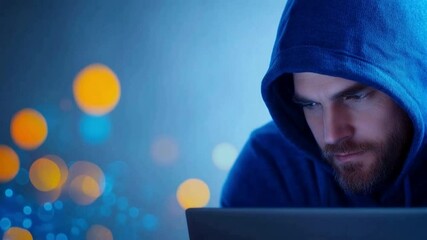 Aufkleber - Digital Enigma: A hooded figure hunched over a laptop, bathed in the ethereal glow of a screen. Focus and concentration on the complex world of technology.