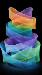 Fototapete - Abstract image of vibrant, multicolored ribbons spiraling upwards against a dark background. The ribbons are translucent and textured, creating a