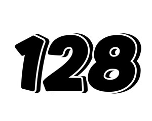 Poster - Stylized black number 128 on transparent background, with a bold, 3D appearance and shadow effects for added depth and dimension.