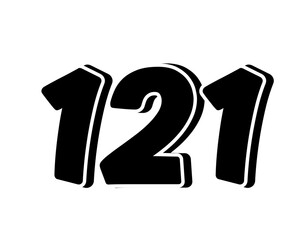 Poster - Stylized black number 121 on transparent background, with a bold, 3D appearance and shadow effects for added depth and dimension.