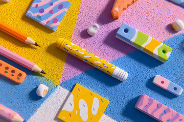 Poster - Vibrant colorful art supplies arranged in a geometric pattern.