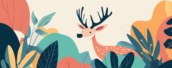 Naklejka na meble Colorful abstract illustration of deer in lush forest scenery with vibrant leaves.