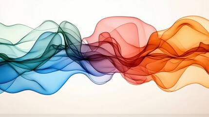 Fototapete - Abstract image of flowing, translucent waves in shades of blue, teal, purple, orange, and red on a white background. The colors blend seamlessly