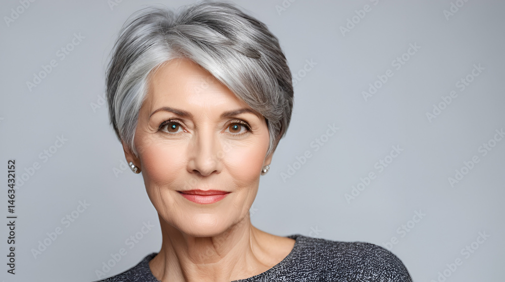 Portrait of a mature woman with a short haircut and gray hair ...