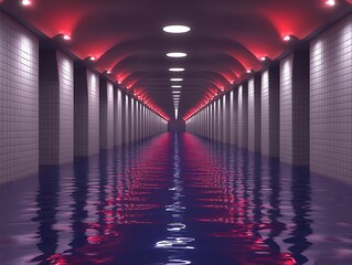 Poster - a long illuminated hallway flooded with reflective water below