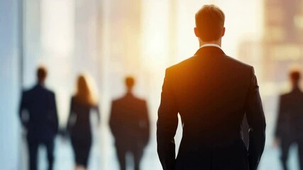 Poster - Leading the Team: A lone businessman, viewed from behind, stands confidently in front of his team, silhouetted against a bright window, symbolizing leadership and vision.