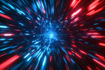Poster - 青と赤の光線が広がる抽象的な空間トンネルの背景と未来的な技術のグラフィックデザイン