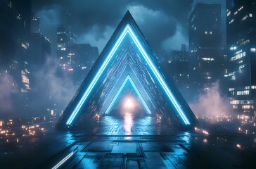 Aufkleber - ネオンブルーの三角形構造物が輝く夜の都市景観 アート 建築 照明が織りなす未来的な幾何学模様