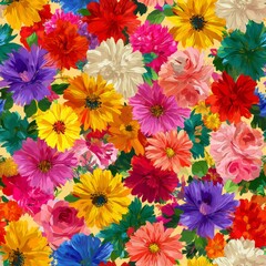Wall Mural - A vibrant, colorful pattern of various flowers in full bloom.