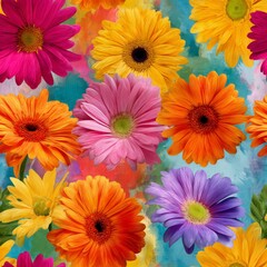 Wall Mural - A vibrant, colorful pattern of various flowers in full bloom.