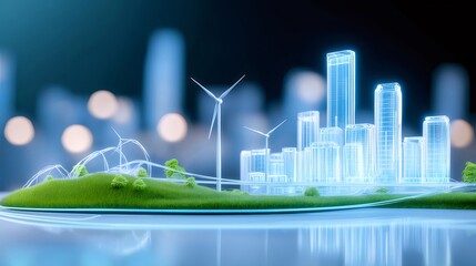 Aufkleber - 青い光る摩天楼と緑の丘のある未来都市の3Dモデル 風力タービンとぼやけた背景を持つ持続可能なエネルギーと技術の都市