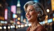 © Jiranath - Elegant woman with silver hair smiling joyfully in vibrant cityscape at night with bright lights and soft bokeh effect