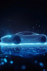 Aufkleber - 青い光の粒子と輝きによる抽象的な車の輪郭を示す未来的なデジタルレンダリング