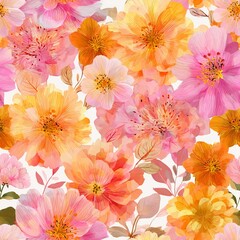 Wall Mural - Watercolor painting of pink and orange flowers.	