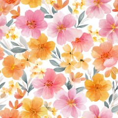 Wall Mural - Watercolor painting of pink and orange flowers.	