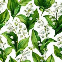 Wall Mural - Watercolor painting of lily of the valley flowers and leaves.