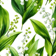 Wall Mural - Watercolor painting of lily of the valley flowers and leaves.