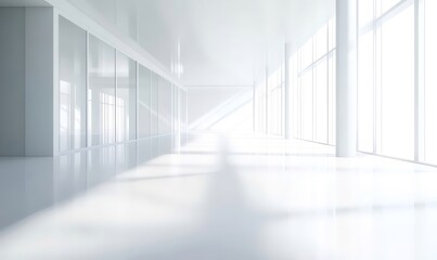 Aufkleber - 明るい白い内部建築 オフィス空間のミニマルなデザインとクリーンなラインが特徴の廊下 現代的な建築の廊下と幾何学的な要素