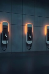 Aufkleber - オレンジ色のアクセント照明が壁に取り付けられた電気自動車充電ステーションのミニマルなショット