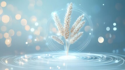 Poster - 白い草の穂と抽象的な光の背景と円形の効果が特徴の穏やかな雰囲気のデジタル画像