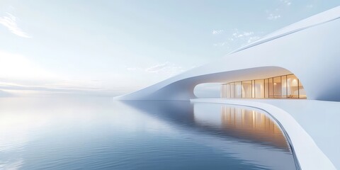 Aufkleber - 穏やかな水に反射する白い現代的な湾曲した建築の豪華な海岸の家とミニマルなデザインの未来的な構造