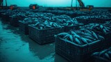 Abundant seafood harvest dark crustaceans in plastic crates